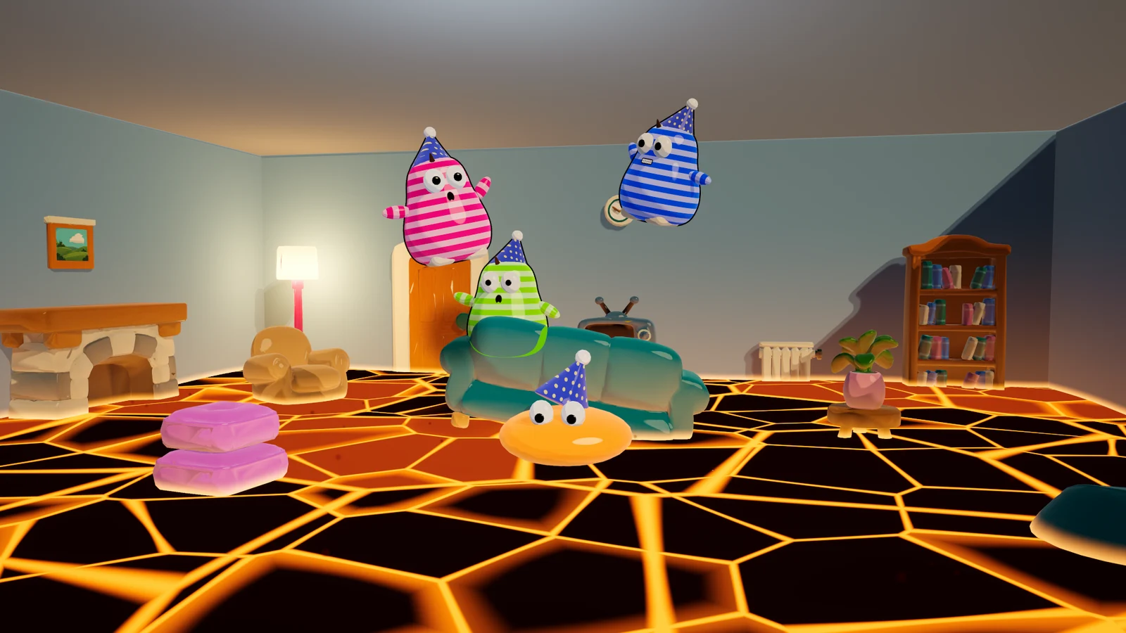 A Lava Blob splashes beside a sofa as the other Loungers fly into the air.